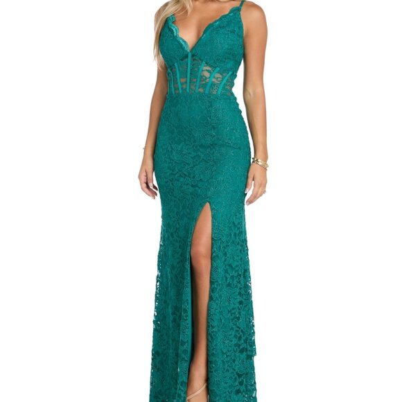 Morgan & Company Glitter Scallop Lace Corset Gown – Emerald Green NWT Size 3 - Picture 4 of 6